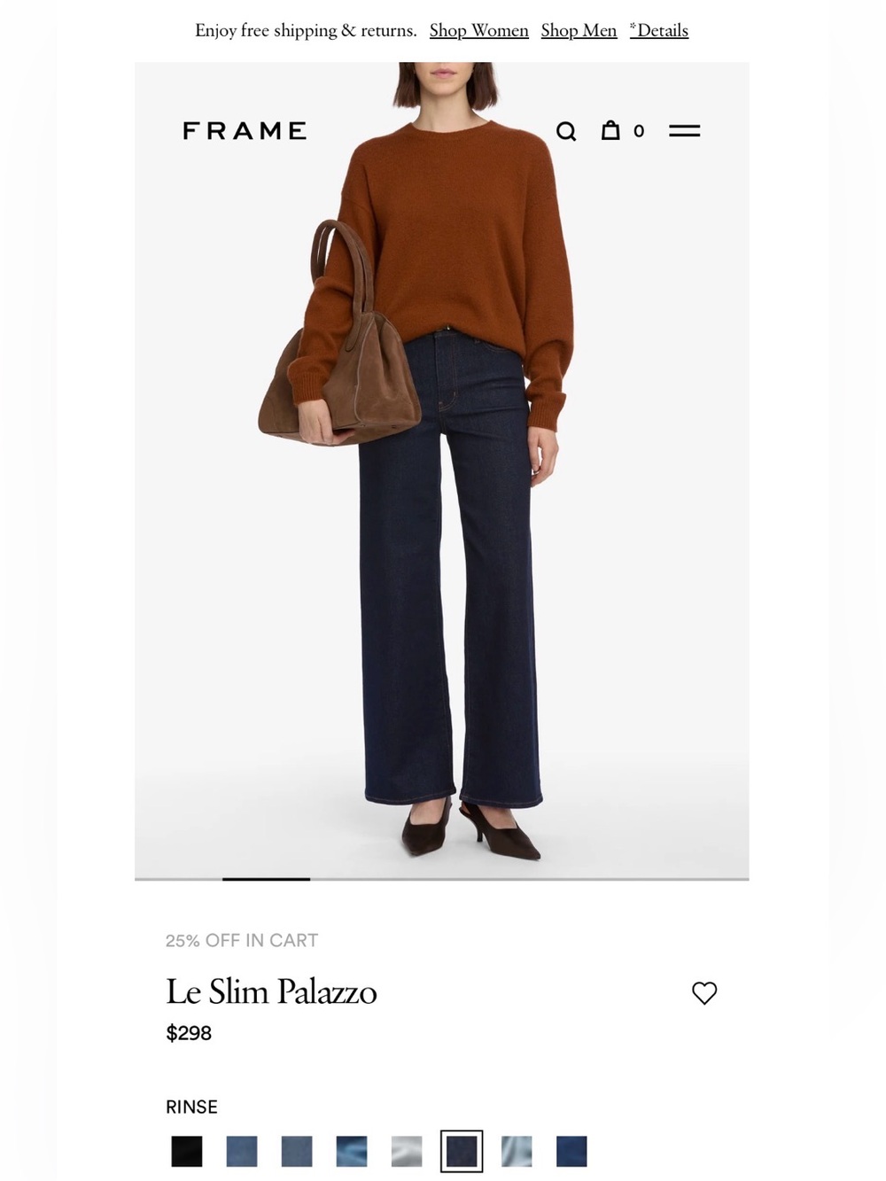 NWT: Frame Denim Le Slim Palazzo in Rinse
(Dark Blue) Wide-Leg, Stretchy, sz 25